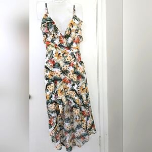 IZ Byer Tropical Spaghetti Strap Floral Dress Green Yellow Burnt Orange XS